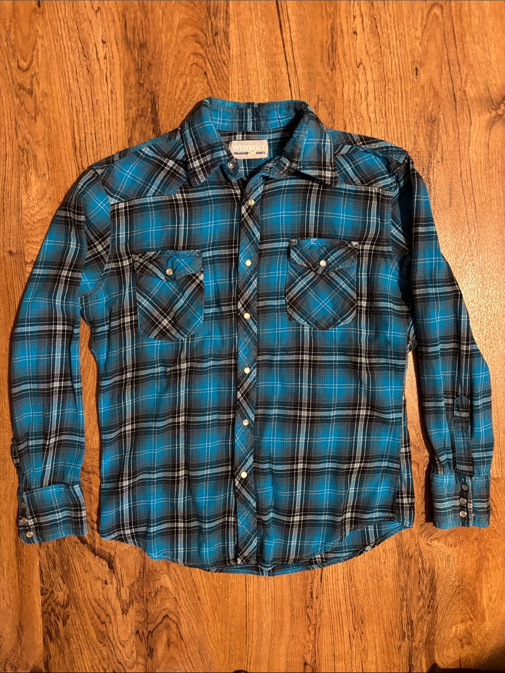 Vintage 80s Wrangler Western Teal Blue and Black Plaid Flannel Button-Down Shirt